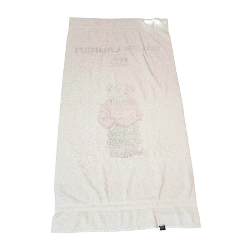 Vintage Ralph Lauren Sport Polo Bear Beach Towel White Cotton Made in USA 67x34